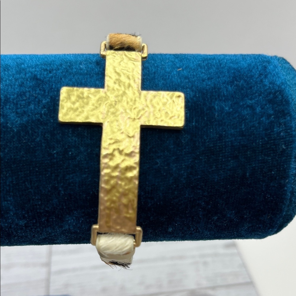 Hammered Gold Cross Bracelet With Animal Print Magnetic Closure